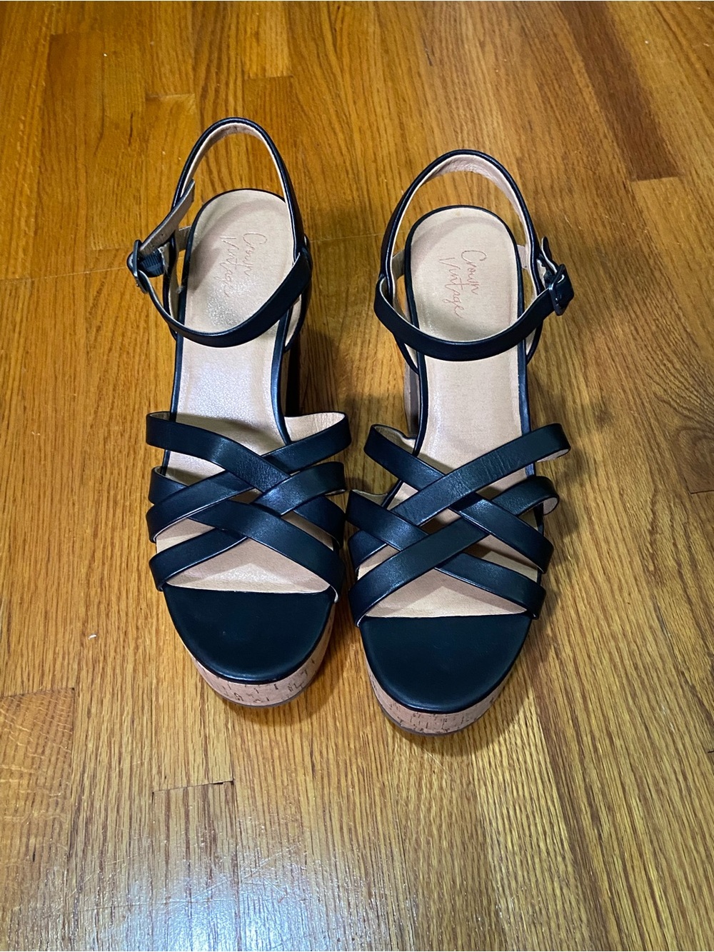Crown Vintage Black Strappy Cork Wedge Sandals with Ankle Buckle